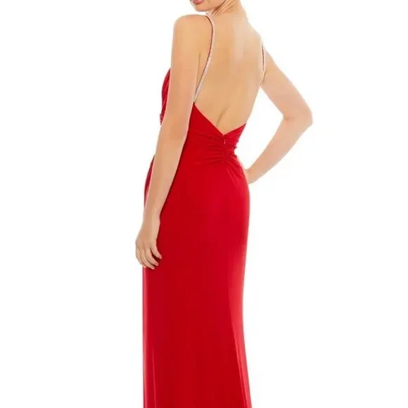 Ieena Mac Duggal Red Crystal Strap Ruched Jersey Gown